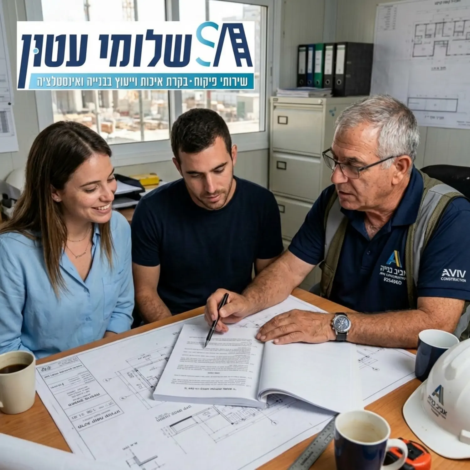 צילום תקריב של מפקח בנייה מנוסה יושב עם זוג לקוחות סביב שולחן, הם עוברים יחד על חוזה עבה ושרטוטים אדריכליים, המפקח מצביע על סעיף ספציפי בעט ומסביר את משמעותו