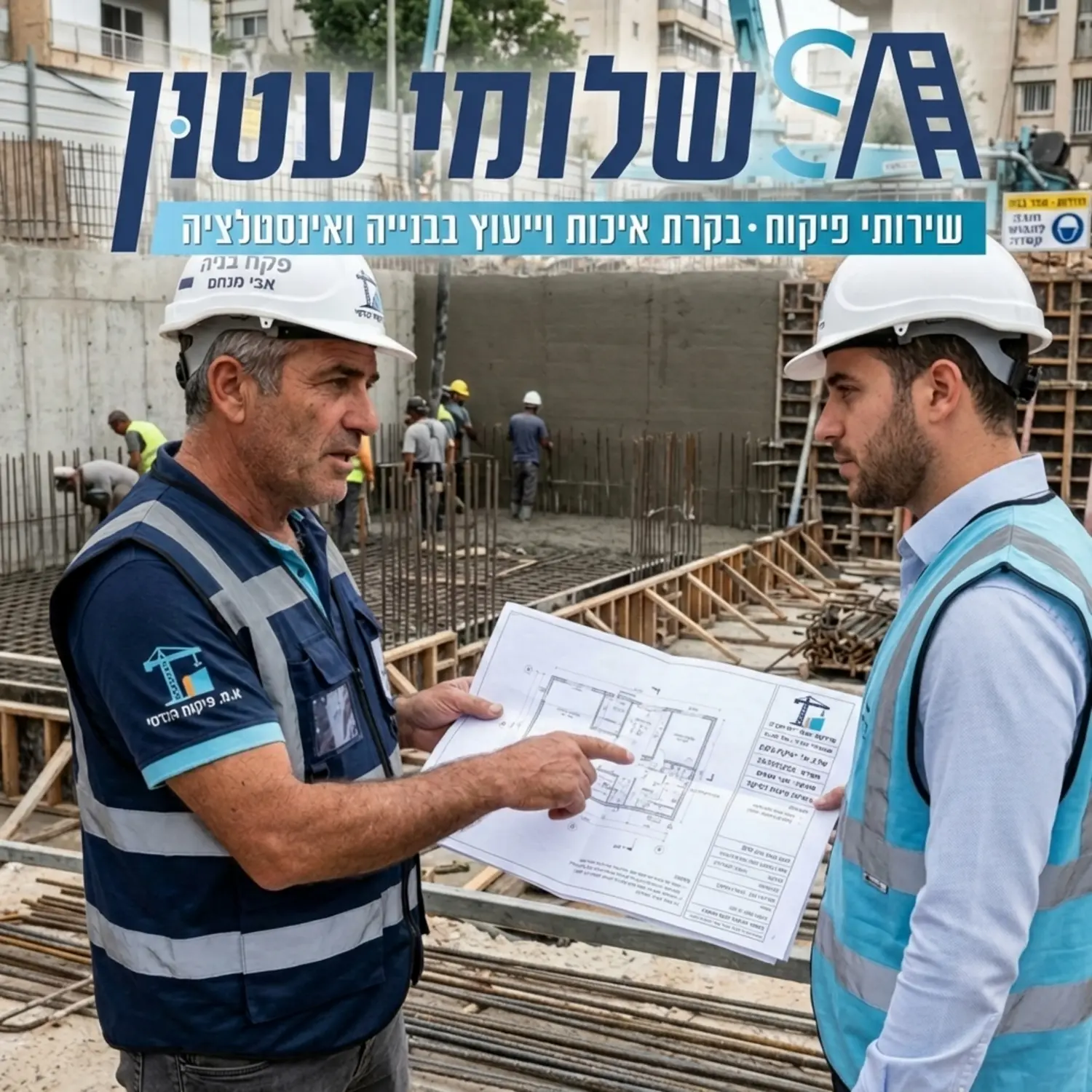 צילום של מפקח בניה מנוסה באתר עבודה, בוחן תוכניות הנדסיות ומסביר ליזם על שלבי ההתקדמות והאיכות של יציקת הבטון