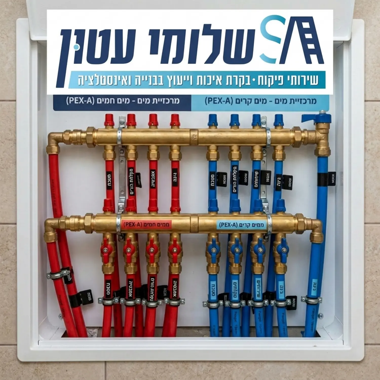 צילום איכותי של מרכזיית מים עשויה פליז עם חיבורים לצינורות פקסגול בצבעים שונים, אדום למים חמים וכחול למים קרים, מותקנת בתוך ארון תקשורת מים ייעודי בקיר תחתון