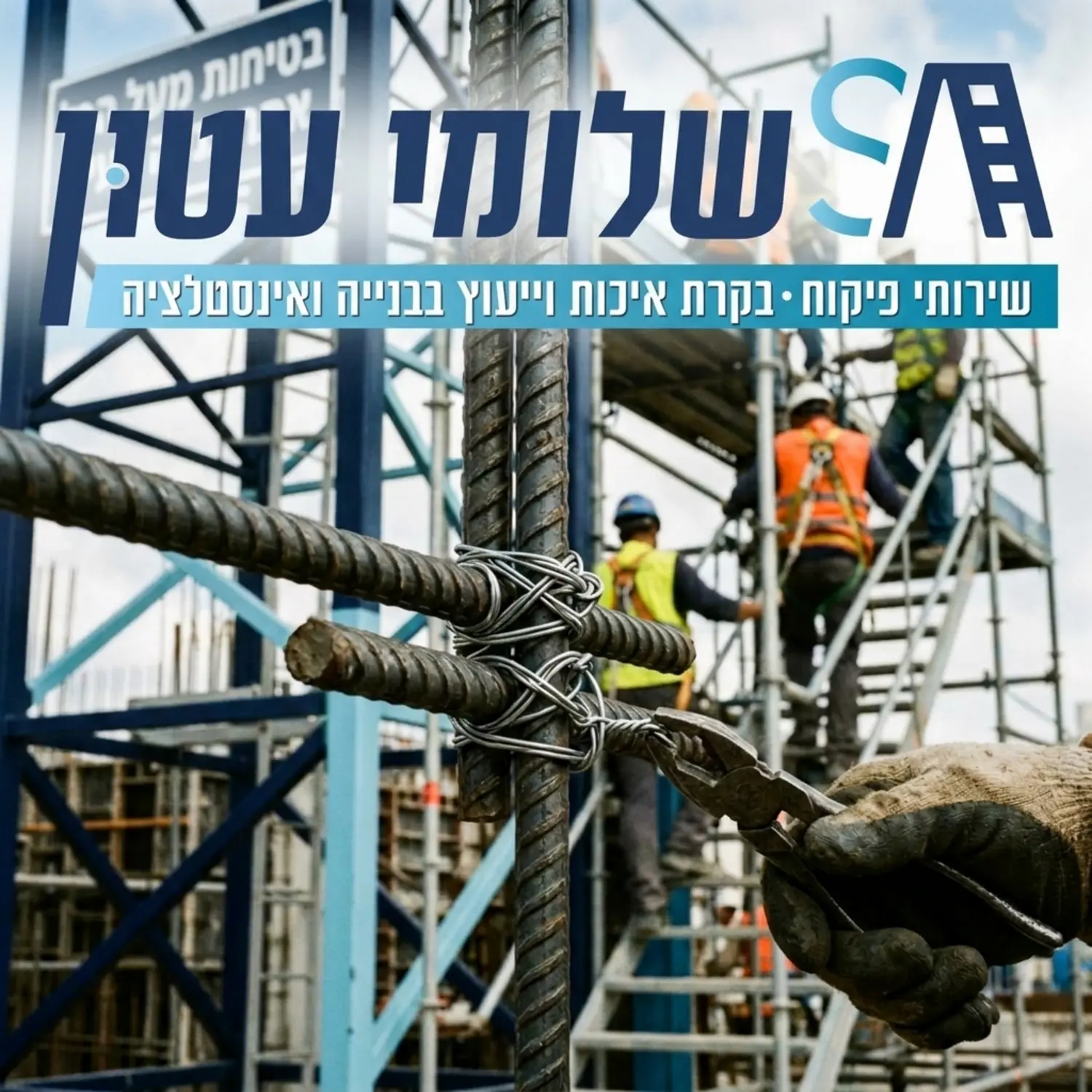 תקריב של קשירות ברזל באתר בנייה, מראה חיבורים מדויקים בין מוטות פלדה עם חוטי קשירה, ברקע פועלי בניין מטפסים על הפיגומים.