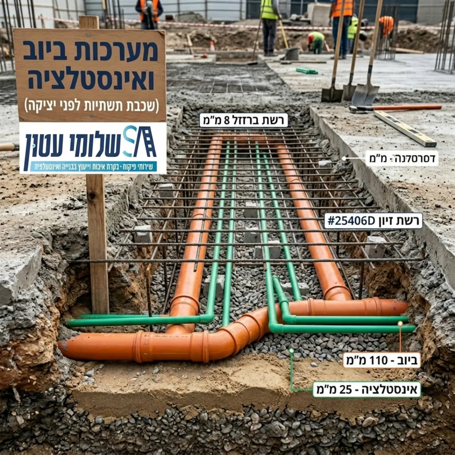 צילום חתך של רצפת בטון שבה משולבים צינורות פלסטיק כתומים וירוקים של מערכות ביוב ואינסטלציה, מונחים בצורה מסודרת מתחת לרשתות הברזל לפני היציקה.