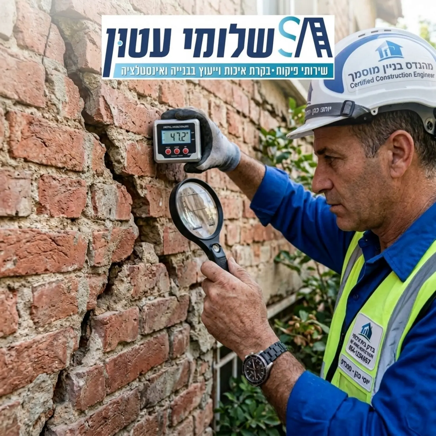 צילום תקריב של מהנדס בניין מוסמך מחזיק זכוכית מגדלת ומד זווית דיגיטלי, מודד את הרוחב והעומק של סדק אלכסוני עמוק בקיר לבנים חיצוני של בית מגורים