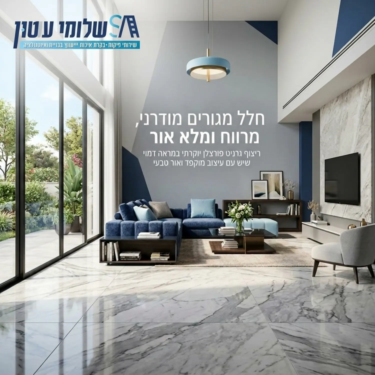 תמונה של חלל מגורים מודרני ומרווח מרוצף באריחי גרניט פורצלן גדולים במראה דמוי שיש יוקרתי עם חלונות גדולים המכניסים אור טבעי רך לתוך החדר
