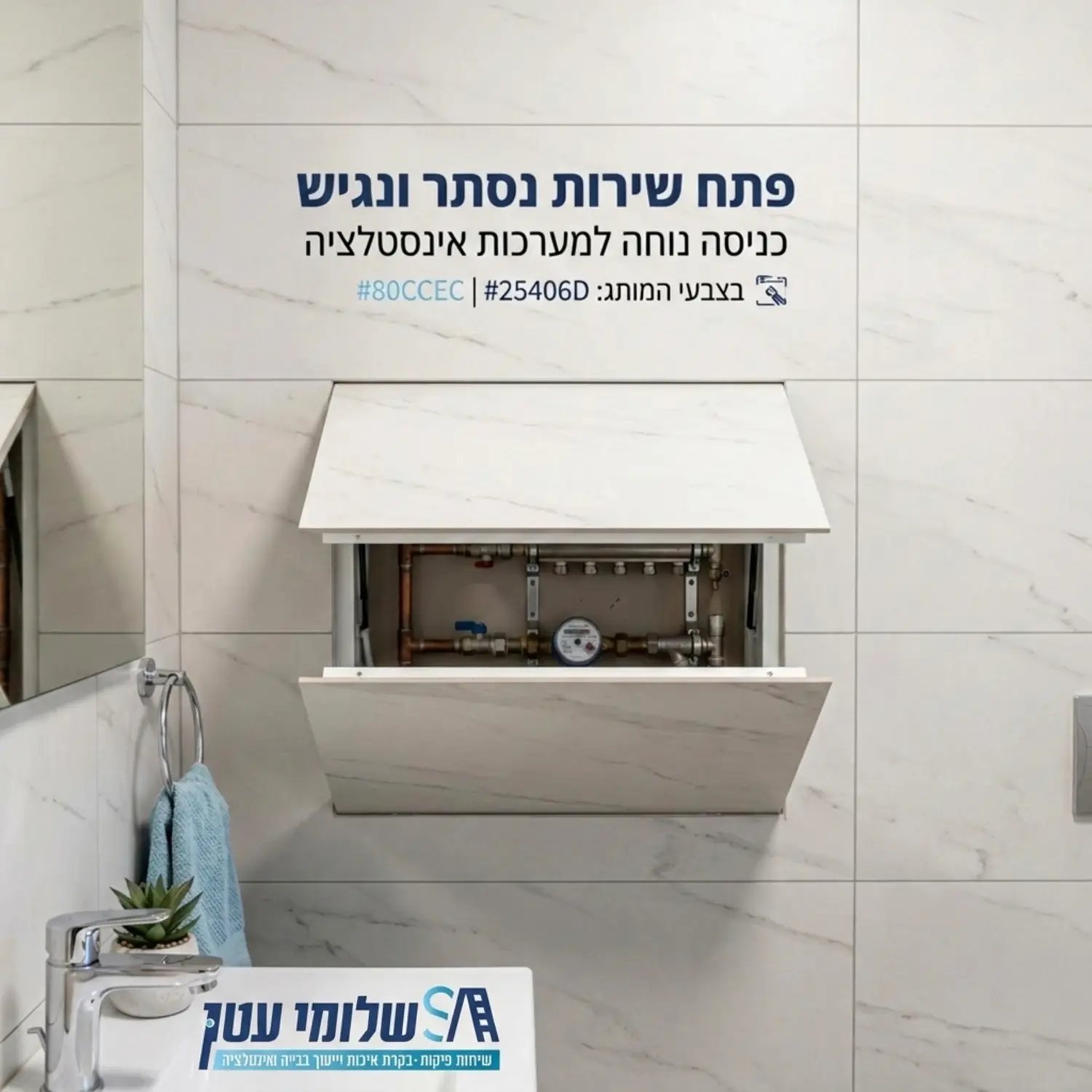 תמונה של קיר גבס או חיפוי קרמיקה אסתטי שמשולב בו פתח שירות נסתר ונגיש למערכת האינסטלציה