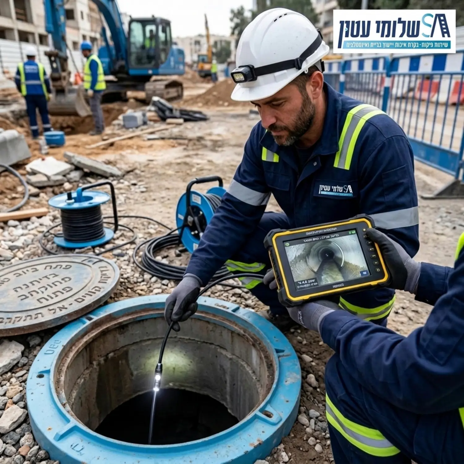 איש מקצוע מיומן חובש קסדה מחדיר מצלמת סיב אופטי עם תאורת לד לתוך פתח ביוב פתוח באתר בנייה ובמקביל צופה במסך דיגיטלי המציג את פנים הצינור לבדיקת תקינותו