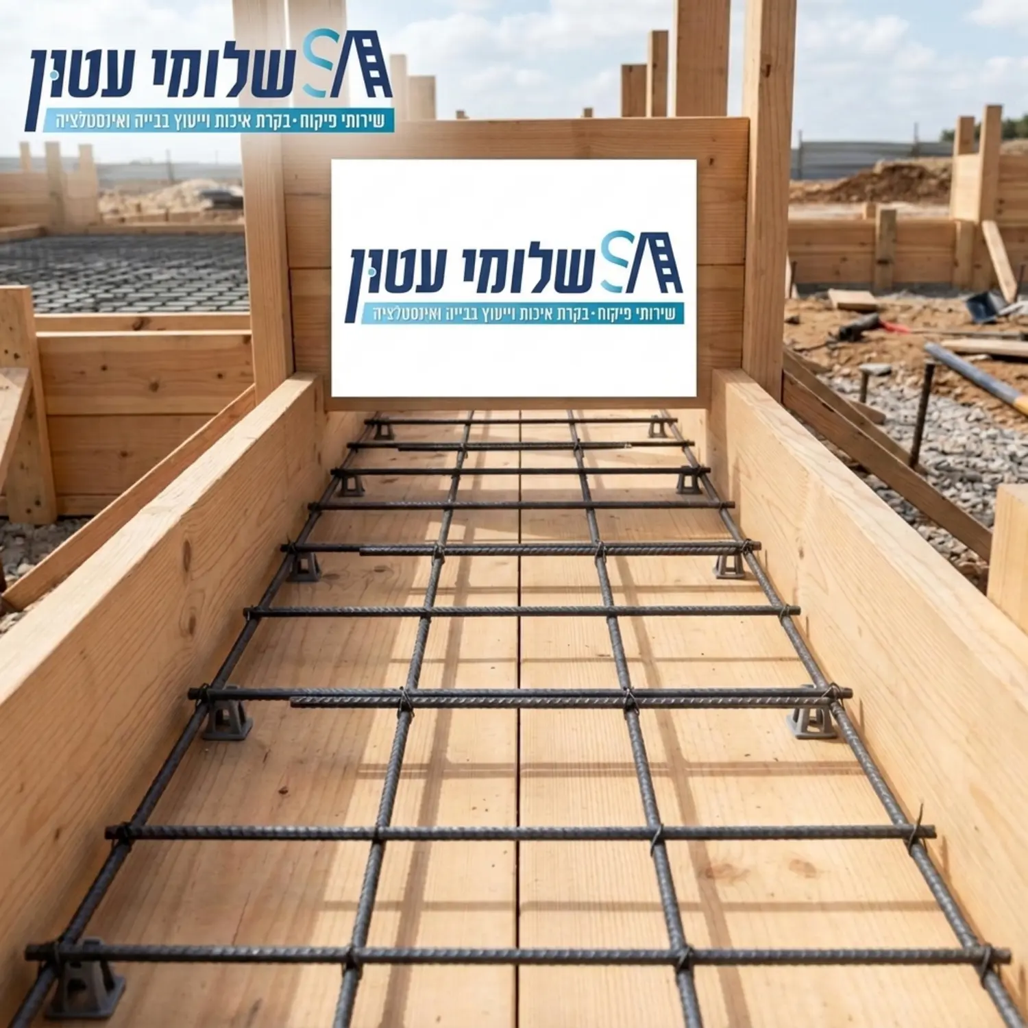 צילום תקריב של תבנית עץ נקייה לחלוטין לפני יציקת בטון עם רשתות ברזל מסודרות ומרווחות כהלכה ללא שאריות חוטים או פסולת בניין