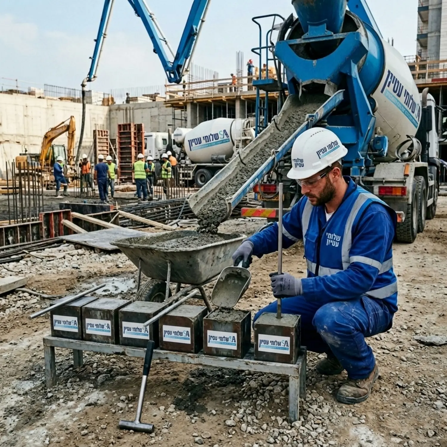 צילום של טכנאי מעבדה מוסמכת לוקח דגימות בטון לתוך קוביות בדיקה תקניות בסמוך למשאבת בטון באתר בנייה פעיל