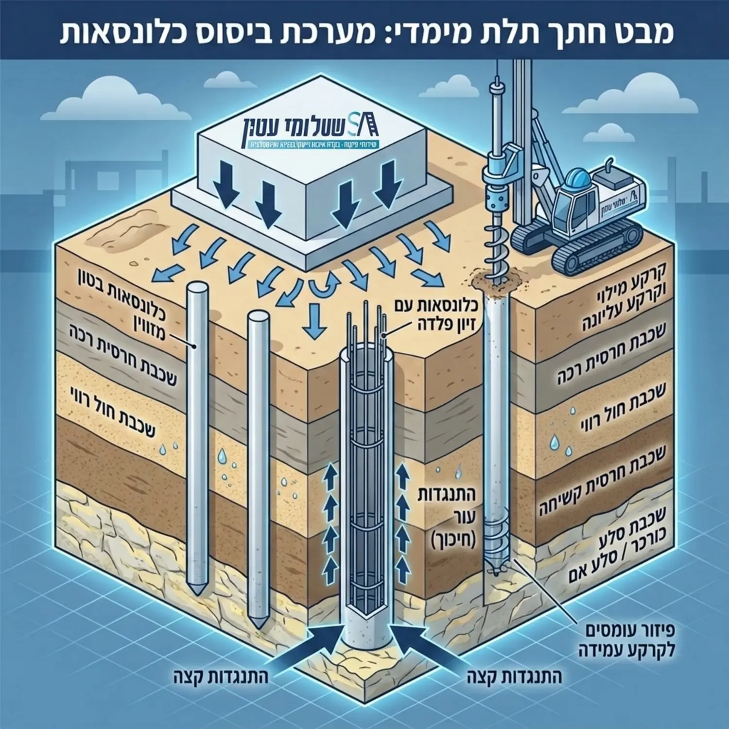 אינפוגרפיקה המציגה חתך קרקע תלת מימדי עם כלונסאות ביסוס מבטון וברזל היורדים לעומק האדמה, מכונת קידוח וסימון ברור של שכבות הקרקע השונות עם חצים המראים את פיזור העומסים