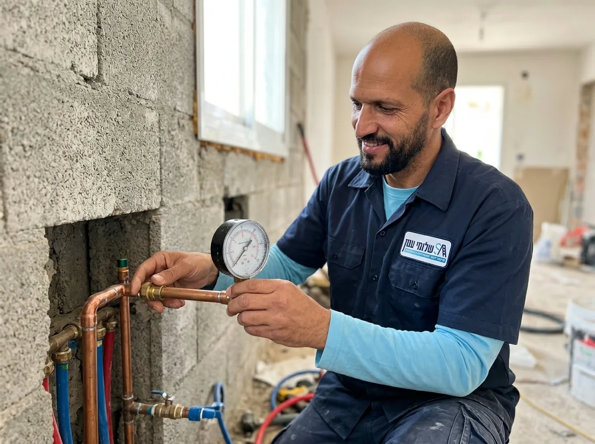 צילום ריאליסטי של מפקח בניה בבגדי עבודה, מחזיק מד לחץ מים מקצועי ליד צנרת בדירה בשיפוץ, בודק אטימות לפני סגירת הקירות, פוקוס על המדד והיד המחזיקה אותו, רקע של קיר בלוקים חשוף.