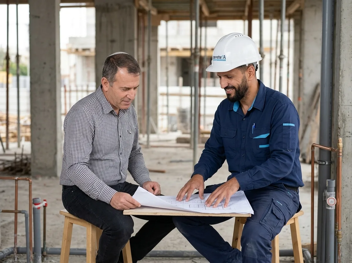 צילום ריאליסטי של שלומי עטון כמפקח בניה בבגדי עבודה פשוטים, חובש קסדת מגן, יושב עם לקוח על שרפרפים ליד צנרת מים חשופה באתר בניה בשלבי שלד, מסביר לו על התוכניות בידיים, תאורת יום טבעית ופוקוס חד.