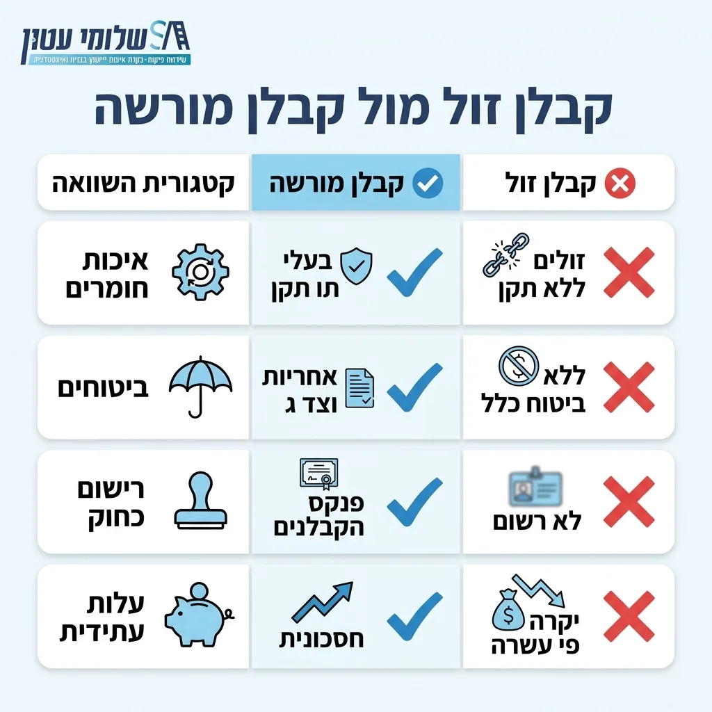 אינפוגרפיקה — קבלן זול מול קבלן מורשה: השוואה בין קבלן מורשה, קבלן זול