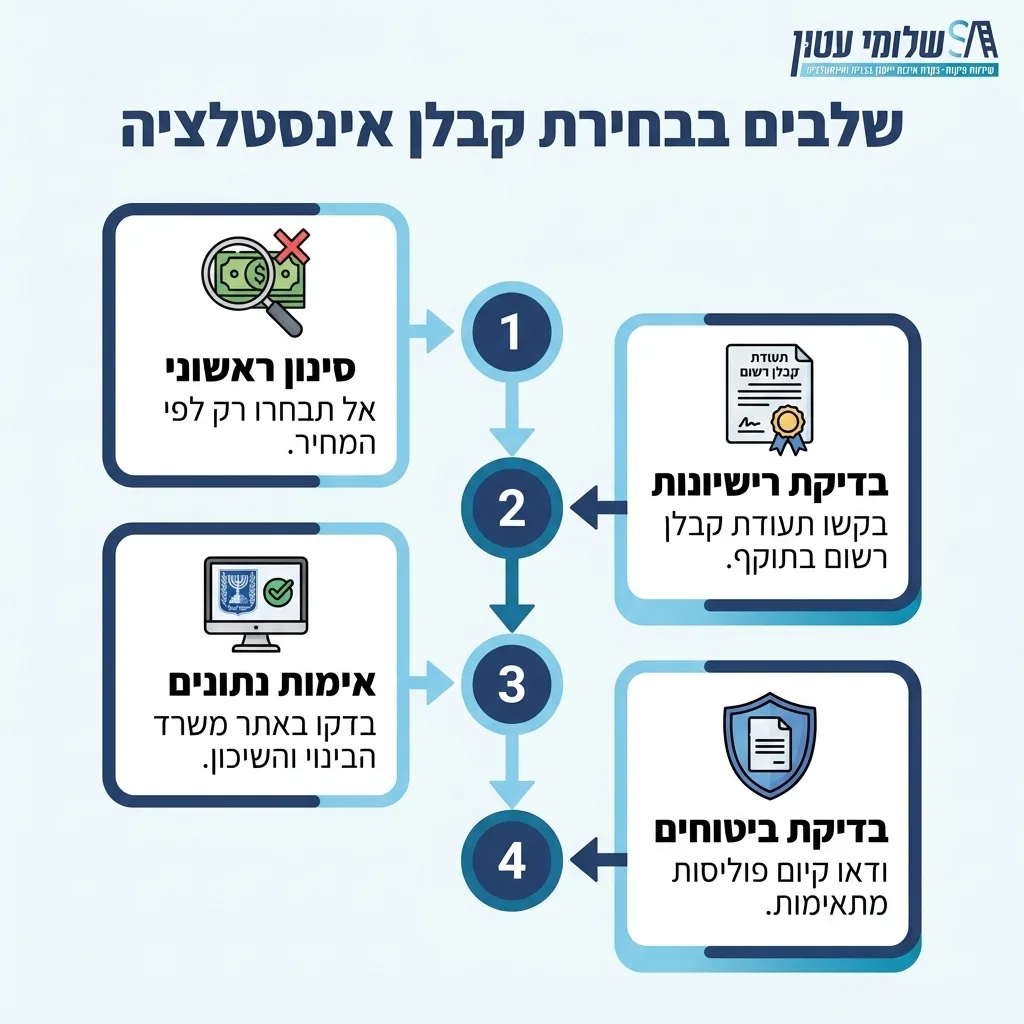 אינפוגרפיקה — שלבים בבחירת קבלן אינסטלציה: סינון ראשוני, בדיקת רישיונות, אימות נתונים, בדיקת ביטוחים
