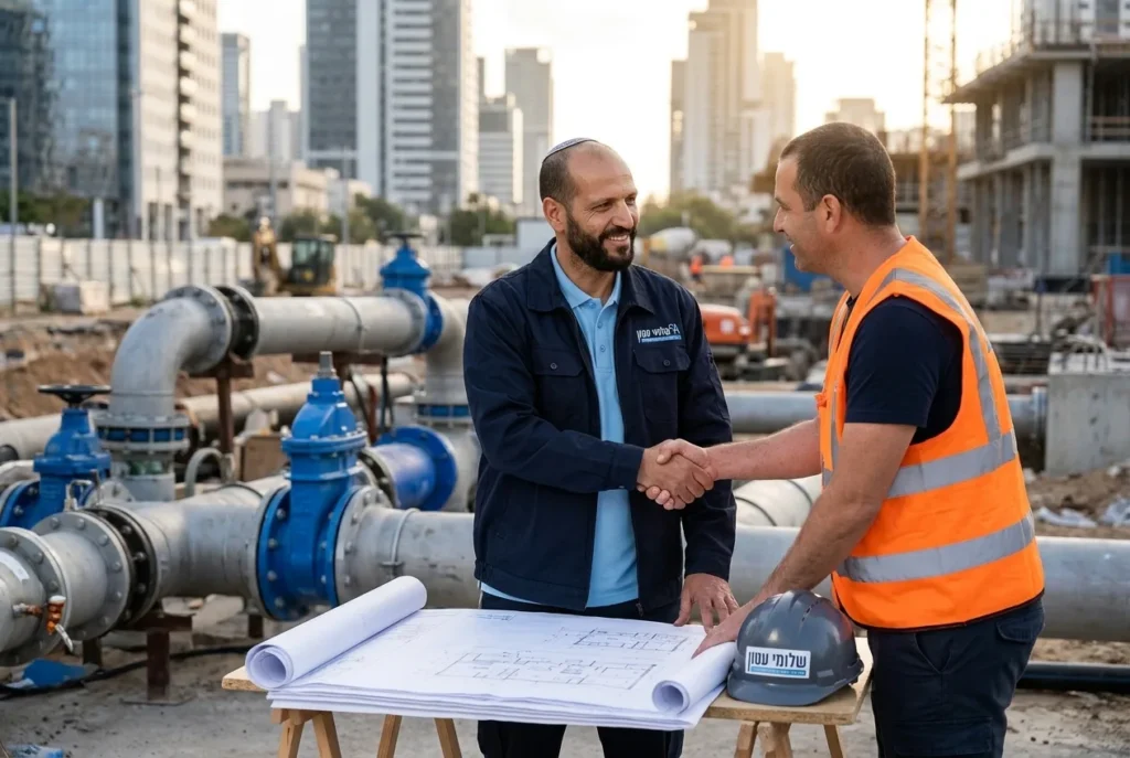 שני אנשים דנים על תוכניות ליד צנרת מים חשופה, לחיצת יד המבטאת הסכם.