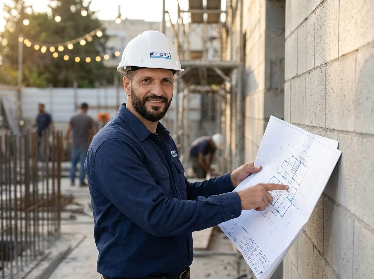שלומי עטון בבגדי עבודה, חובש קסדת מגן לבנה, עומד באתר בנייה מול קיר בטון חשוף ומצביע על תוכנית עבודה מודפסת שהוא מחזיק בידו, באור יום טבעי, פוקוס חד וריאליסטי