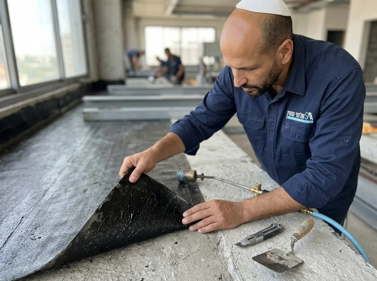 תקריב ריאליסטי באור טבעי של ידיים של מפקח בנייה בוחנות יריעה ביטומנית שחורה שמותקנת על רצפת בטון, רואים את טקסטורת החומר ואת כלי העבודה המונחים ליד