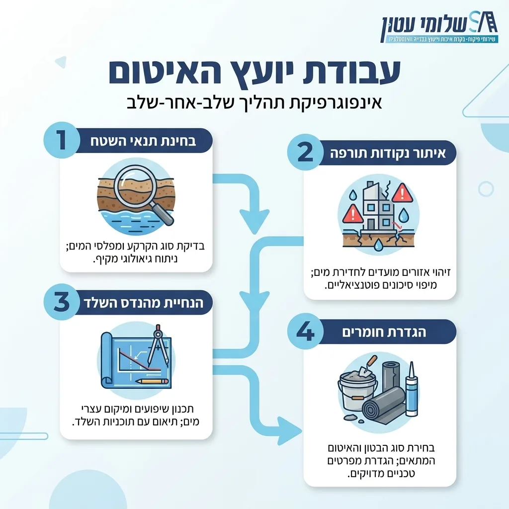 אינפוגרפיקה — עבודת יועץ האיטום: בחינת תנאי השטח, איתור נקודות תורפה, הנחיית מהנדס השלד, הגדרת חומרים