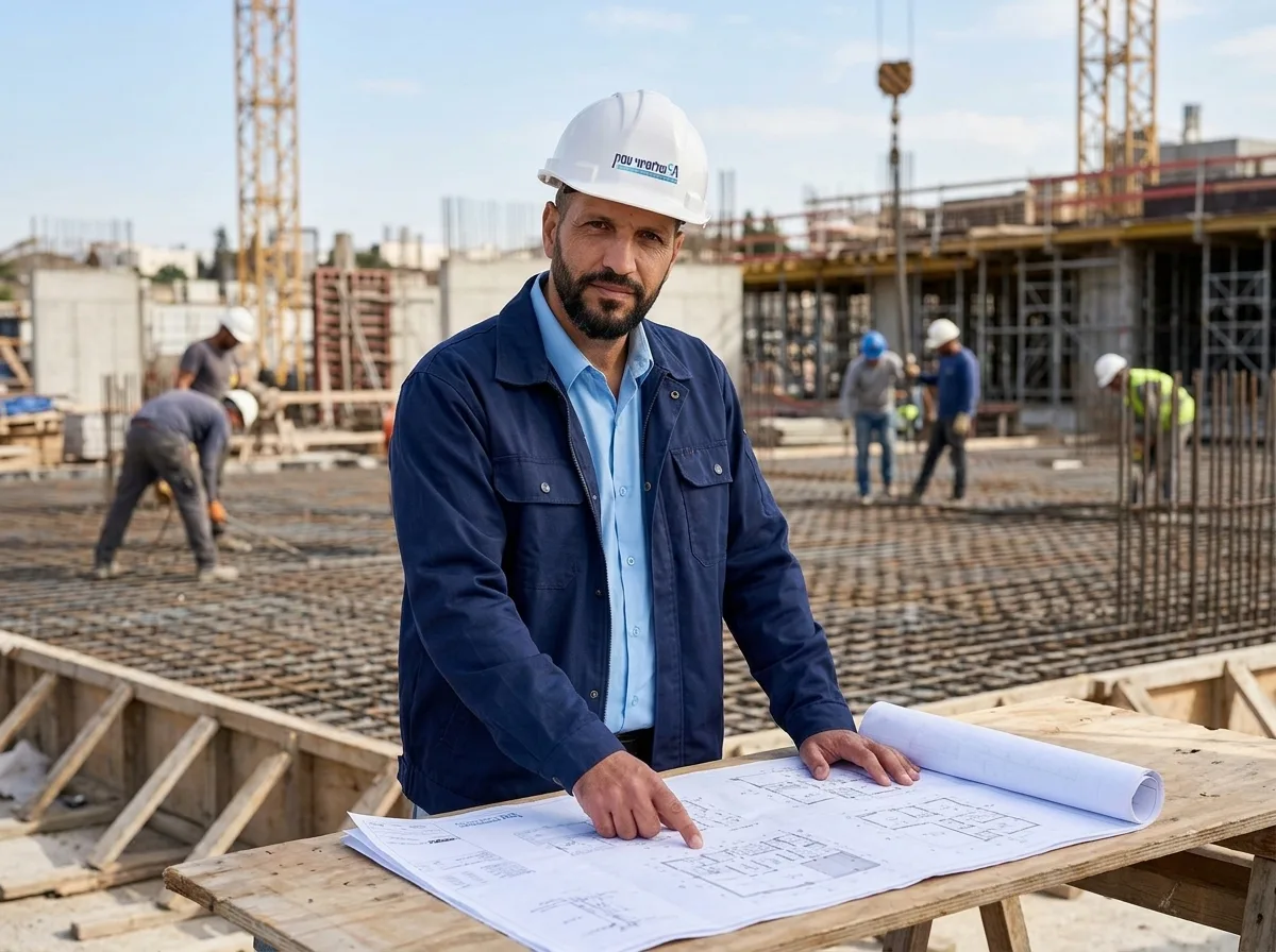 צילום ריאליסטי של מנהל פרויקט באתר בנייה, חובש קסדה לבנה, מצביע על תוכניות מודפסות הפרוסות על שולחן עץ מאולתר. ברקע פועלים מסדרים ברזל לקראת יציקה, תאורת יום טבעית וברורה.