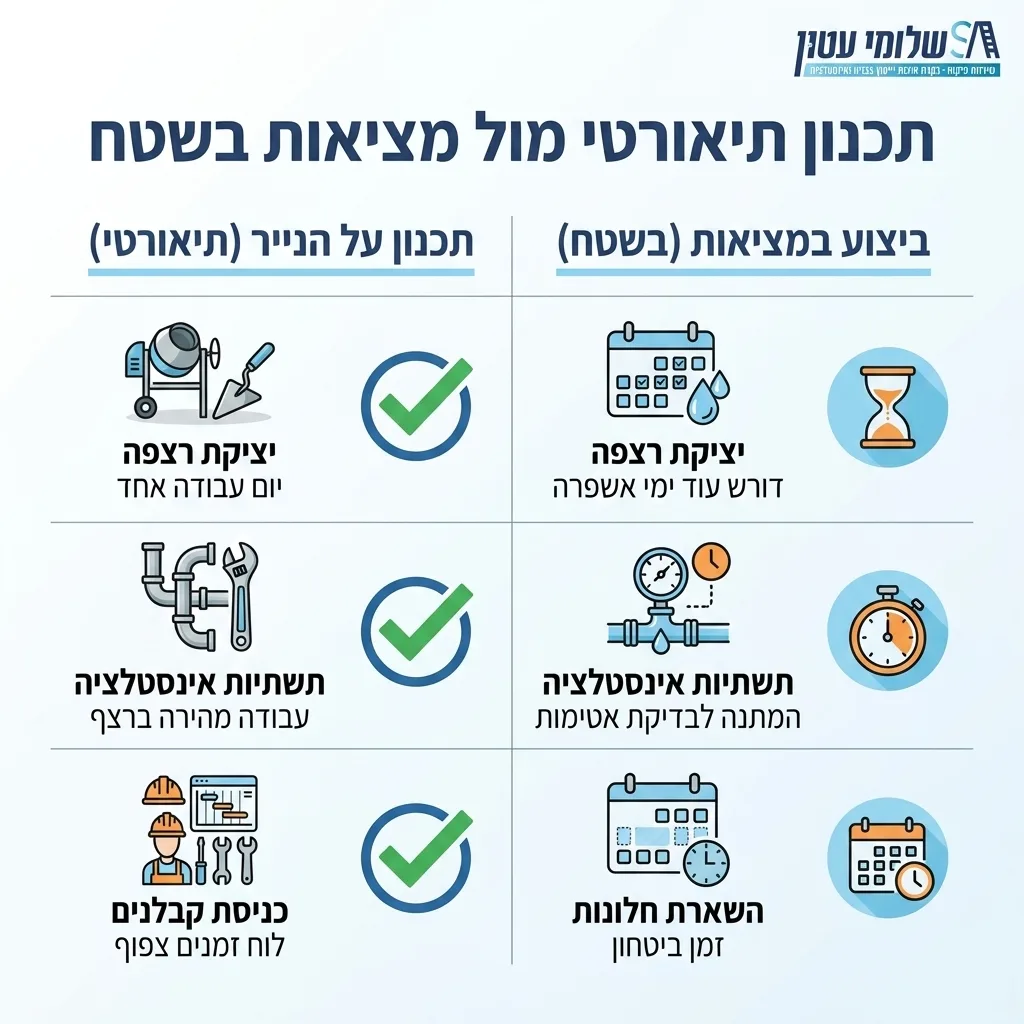 אינפוגרפיקה — תכנון תיאורטי מול מציאות בשטח: השוואה בין תכנון על הנייר, ביצוע במציאות