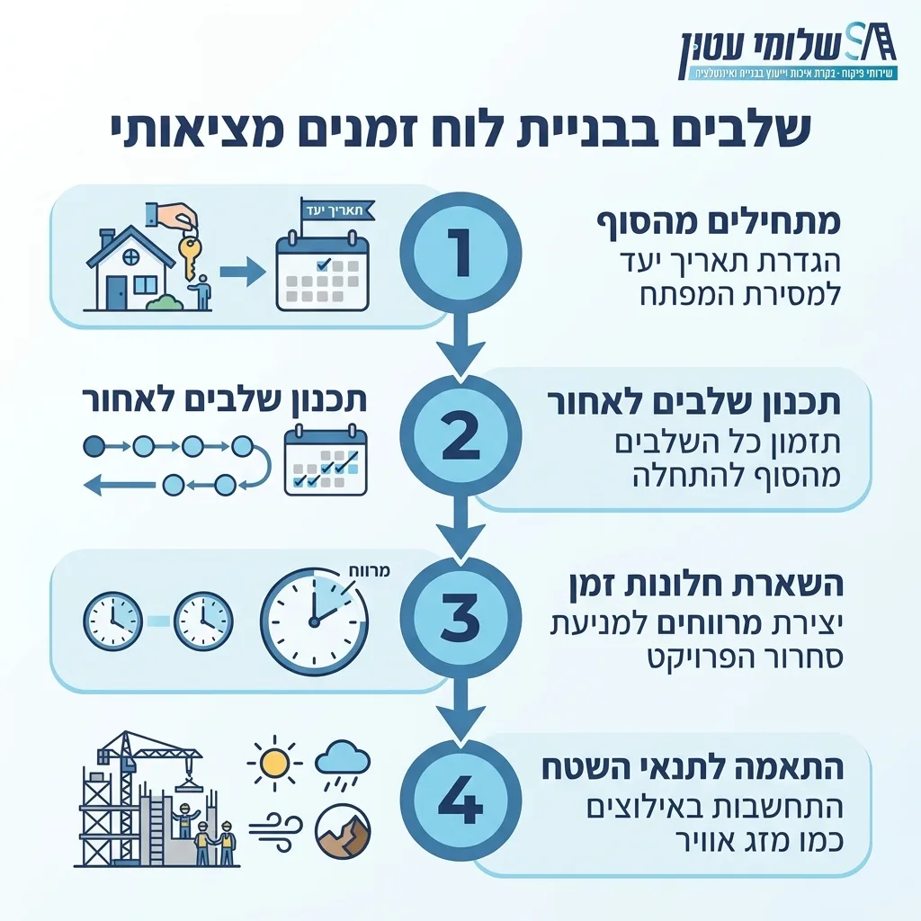 אינפוגרפיקה — שלבים בבניית לוח זמנים מציאותי: מתחילים מהסוף, תכנון שלבים לאחור, השארת חלונות זמן, התאמה לתנאי השטח