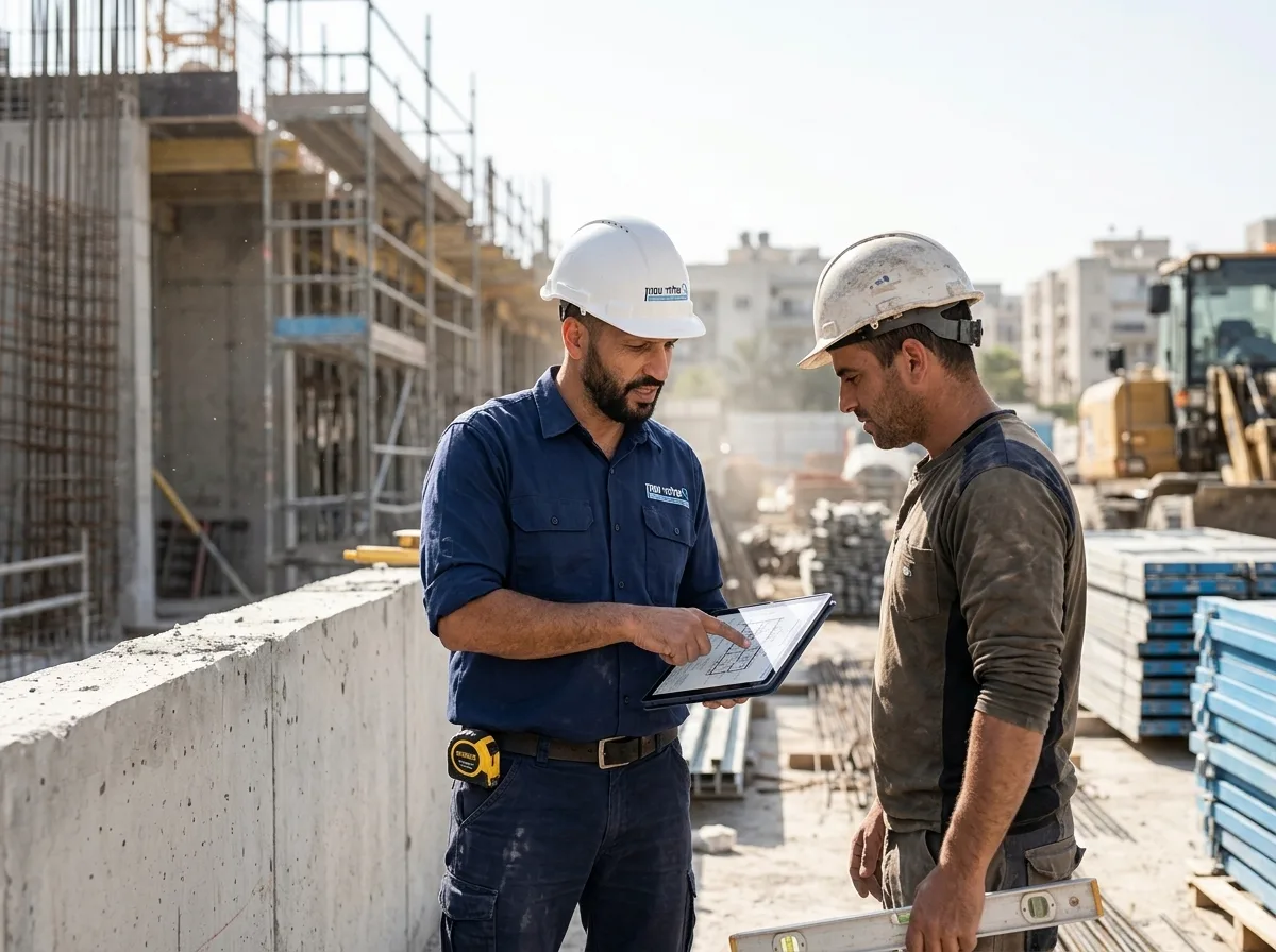 צילום ריאליסטי של מפקח בניה מנוסה עם קסדה לבנה בשטח בניה פתוח, מחזיק טאבלט עם שרטוטים, מצביע ומסביר לקבלן מול קיר בטון, תאורת יום טבעית וחדה