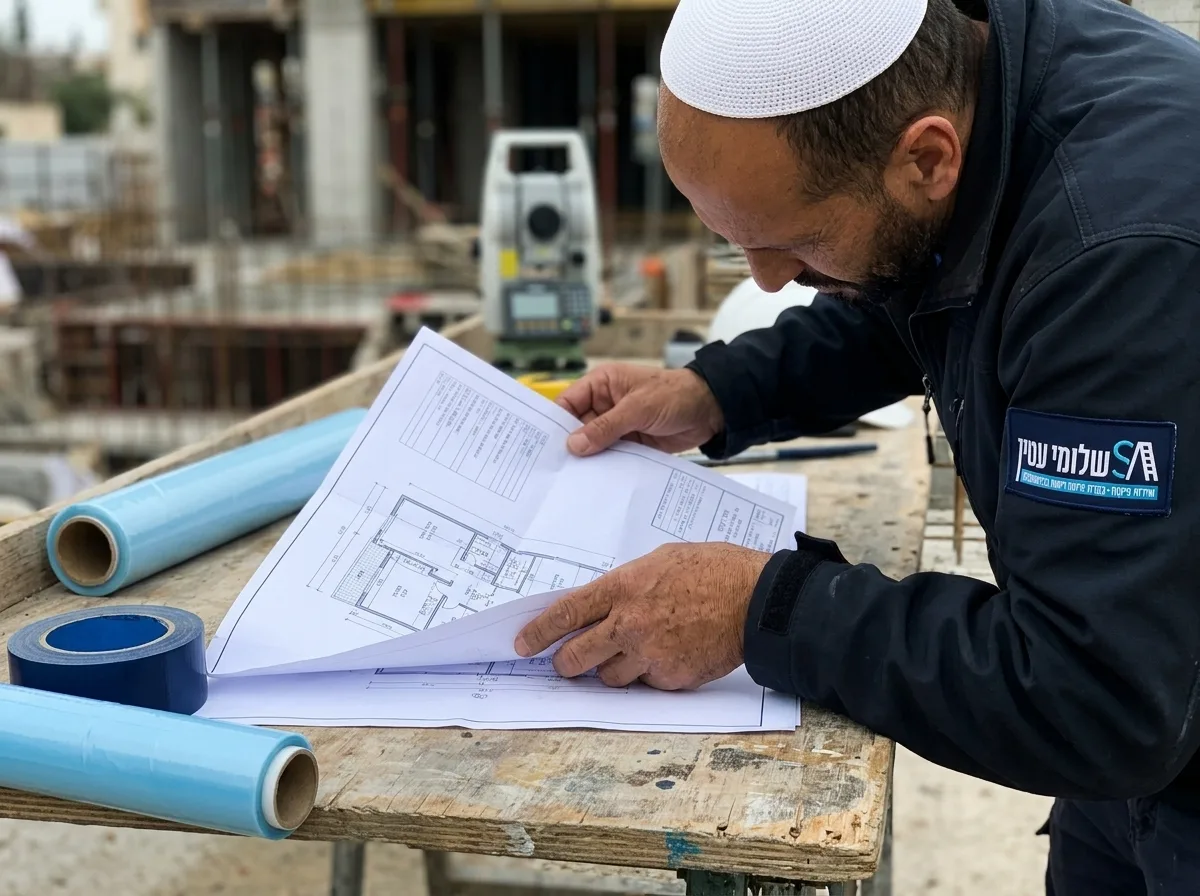 צילום תקריב פוטו-ריאליסטי של ידיים אוחזות בתוכנית אדריכלית על גבי שולחן עץ באתר בניה, ברקע כלים הנדסיים מטושטשים מעט, עומק שדה רדוד