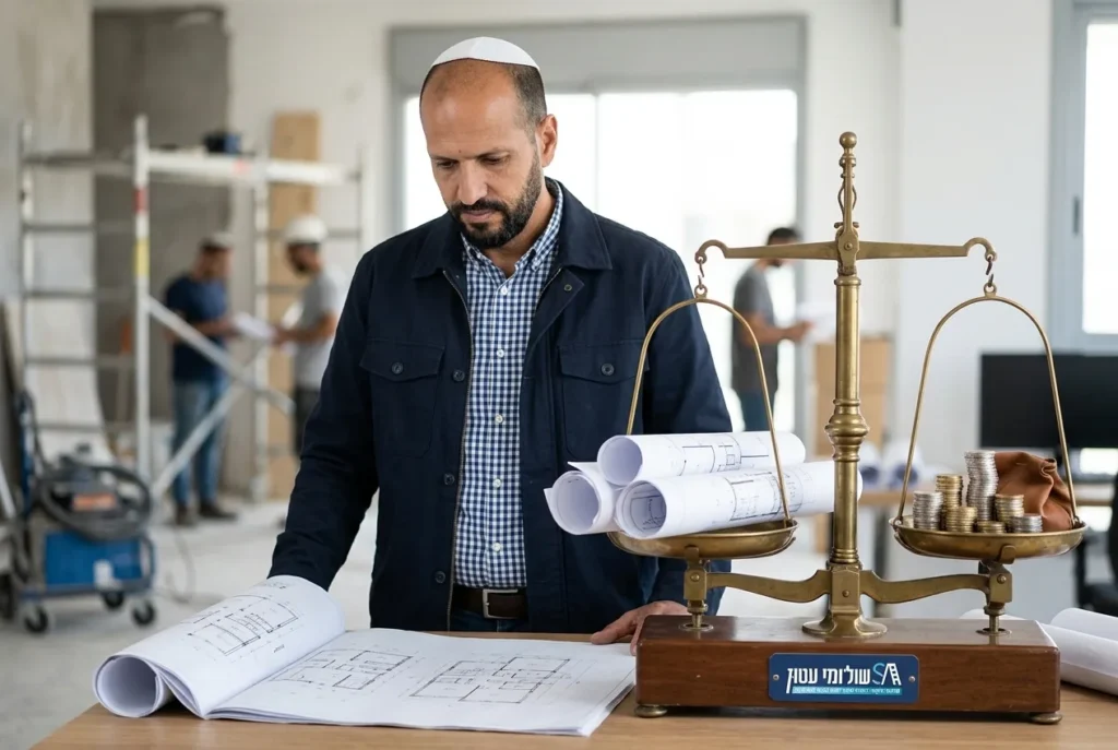 מאזני שקילה המציגים עלות מול איכות, כשעל כף אחת תוכניות בניה ועל השנייה מטבעות חסכון.