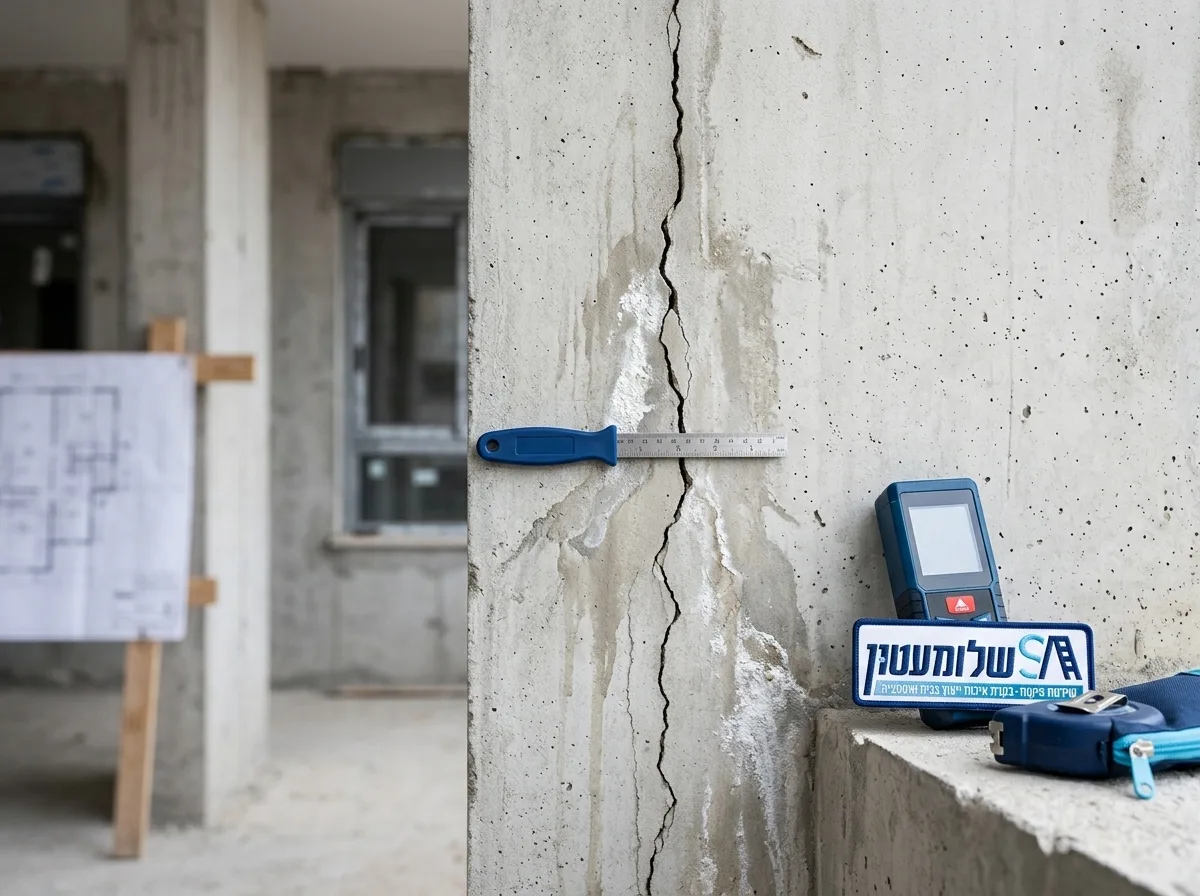 צילום מקצועי של מפקח בניה מעיין בתוכניות הנדסיות על רקע אתר בניה בשלבי גמר, פוקוס חד על פניו, עומק שדה רדוד