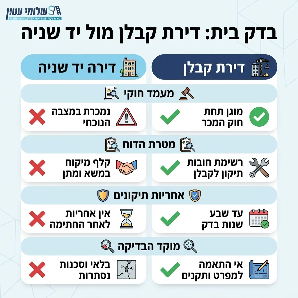 אינפוגרפיקה — בדק בית: דירת קבלן מול יד שניה: השוואה בין דירת קבלן, דירה יד שניה