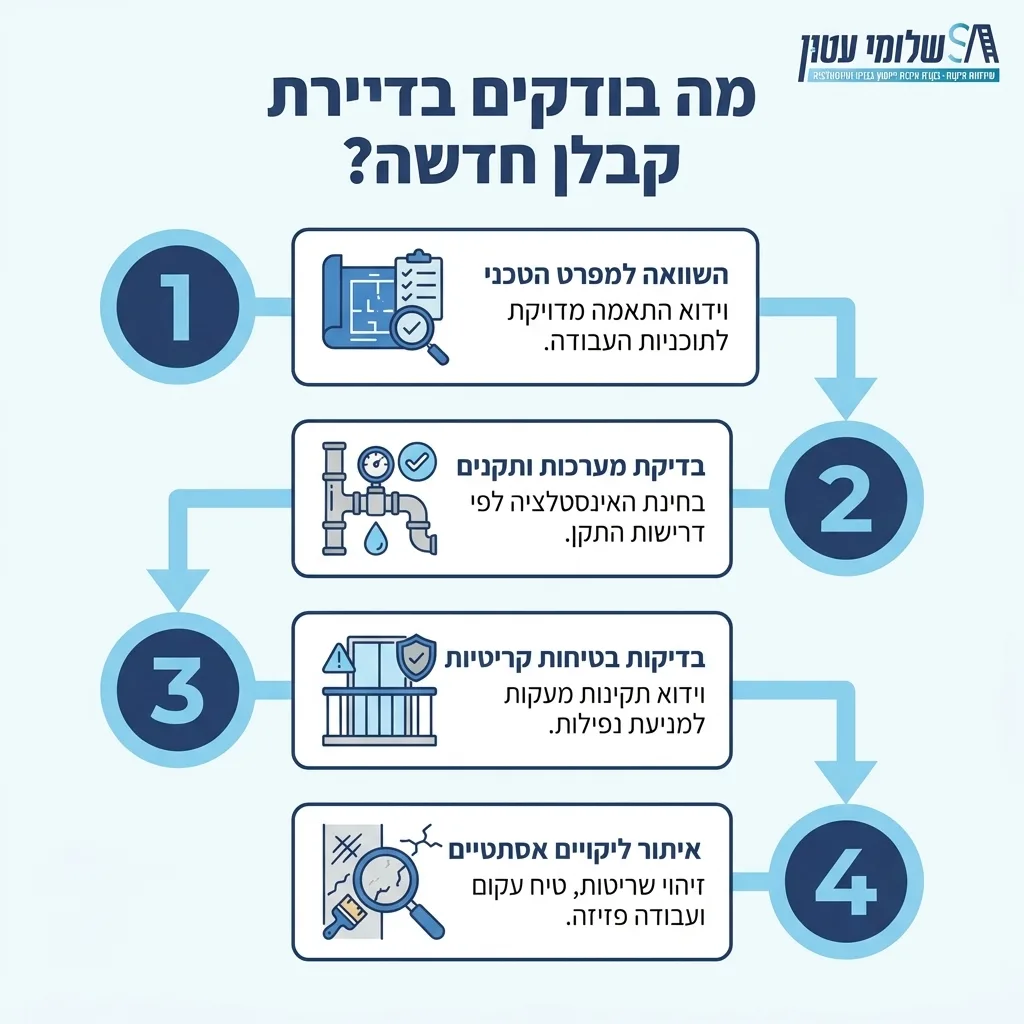 אינפוגרפיקה — מה בודקים בדירת קבלן חדשה?: השוואה למפרט הטכני, בדיקת מערכות ותקנים, בדיקות בטיחות קריטיות, איתור ליקויים אסתטי